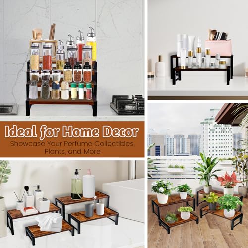 NANXITU 4 Pcs Wood Risers Display Stand, 4 Tier Cupcake Holder with Metal Frame Wooden Risers for Table Display, Perfume Collectibles Organizer Shelf, Tiered Riser for Vendors, Buffet Risers for Food Desserts Party Decor
