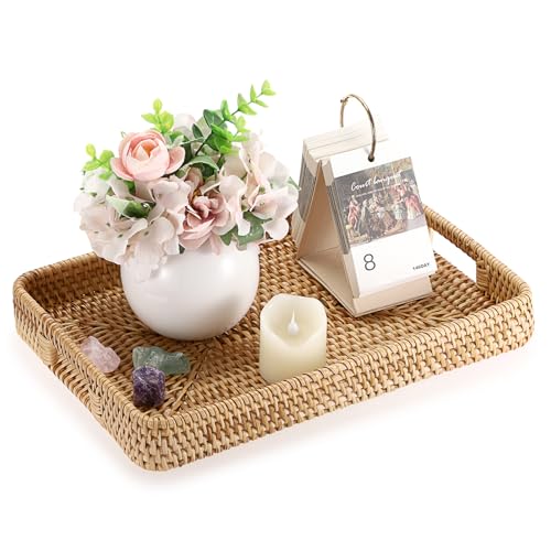 Hipiwe Handwoven Rattan Serving Tray Rectangular Wicker Tray with Handles Natural Decorative Trays for Storage Breakfast, Dessert, Fruit for Coffee Table, 13.4" L x 9.5" W - color: Natural Color, size: 13" x 9" x 1.9"