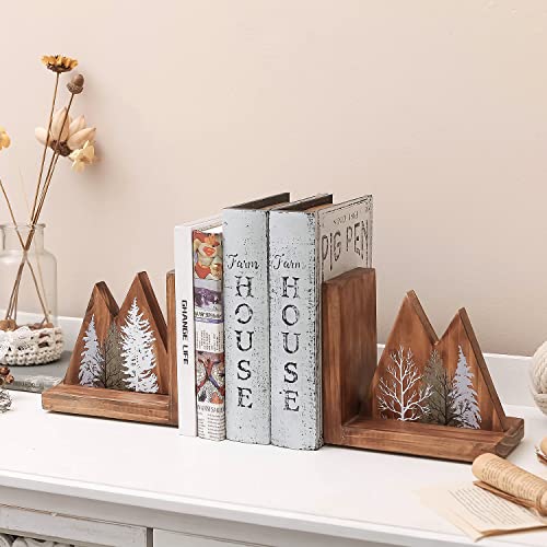 NIKKY HOME Heavy Duty Non Slip Rustic Woodland Mountain Wood Bookend Forest Book Ends Book Stoppers for Cabin Decor Home and Office Shelves Children - color: Forest