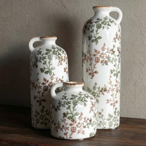 3-Piece Ceramic Jug Vase Set with Handles – Vintage Green Floral Crackle Glaze Decorative Vases for Home, Farmhouse Living Room, Shelf & Table Decor - color: Green & Brown02