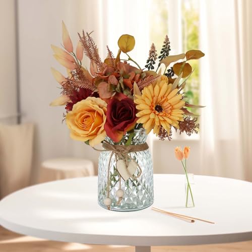 Leftover Fake Fall Flowers in Vase,Fall Flower Arrangements,Fall Floral Arrangement,Fall Table Decor,Fall Centerpieces for Tables,Fall Kitchen Decor,Fall Coffee Table Decor - color: Fall Orange