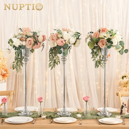 NUPTIO Centerpiece Vase Tall Wedding: 2 Pcs 30.5" Silver Flower Stand for Table Metal Trumpet Vase for Party Decorations - color: Silver, size: 2 x l