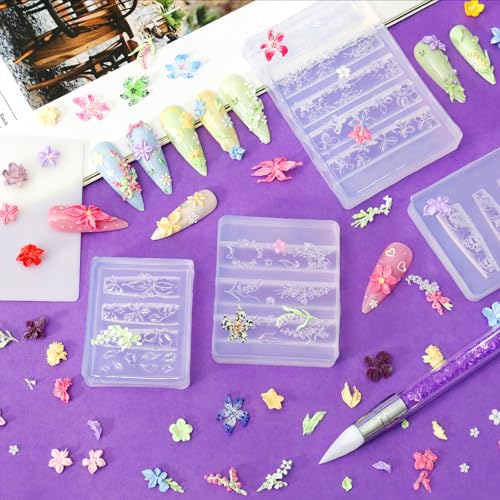 Laza 4pcs Silicone Nail Art Molds, Acrylic 3D Spring Summer Flower Nail Charms Molds Clear Modeling Templates Silicone Flowers Pattern Nail Tools with Sculpture Pen for Salon Nail Design - color: Flowers