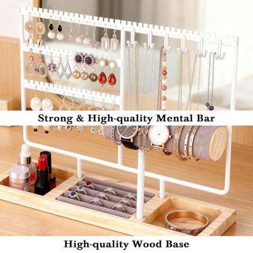 Ciormis Jewelry Stand Holder, 5 Tier Earring Holder Organizer with 72 Holes and 12 Hooks Jewelry Tower Necklace Tree Stand Hanger Bracelets Holder Storage with Ring Tray for Women Girls Gift (White) - color: White-new