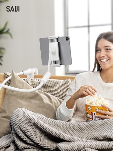 SAIJI Gooseneck Tablet Holder for Bed, One-Hand Adjustable, 47" Length, Upgraded Base, iPad Holder Stand Flexible Lazy Arm, Compatible with iPad/iPhone/Kindle/Switch or Other 4.7-13" Device (White) - color: Light White