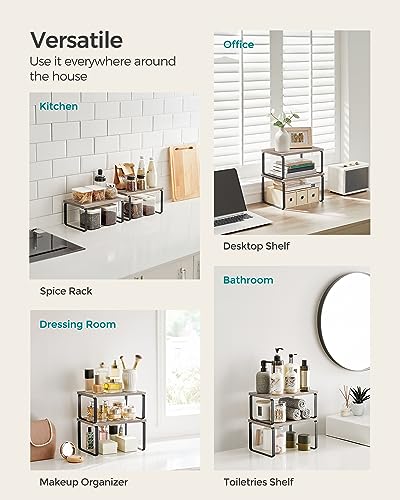 SONGMICS Cabinet Organizer Shelf, Set of 2 Kitchen Counter Shelves, Kitchen Storage, Spice Rack, Stackable, Expandable, Metal and Engineered Wood, Ink Black and Heather Greige UKCS020X02 - color: Ink Black + Heather Greige, size: 11.7"W