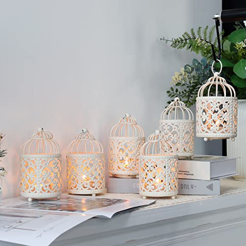 JHY DESIGN 6 Pcs Wedding Centerpieces 5.5 inch Height Small Metal Candle Stick Holder Hanging Birdcage Tealight Lantern Hollow Candle Holders for Table Valentine Patio Indoor Outdoor (Cream White) - color: Cream White