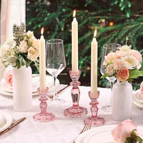 Pink Candlestick Holders Set of 6, Taper Candle Holders, 4.3" H & 6.3" H Glass Candle Holder for Candlesticks & Pillar Candles, Candle Holder for Table Centerpieces, Wedding and Mother's Day - color: Pink