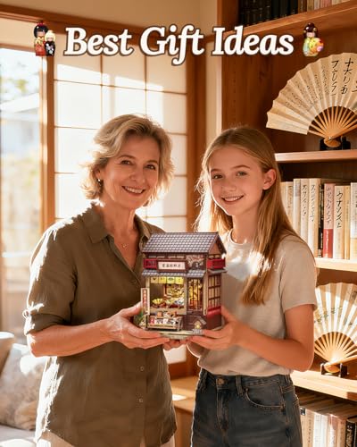 Book Nook Kit - DIY Miniature Japanese Fan House, 3D Wooden Puzzle Dollhouse with LED Lights, Tiny Bookend & Creative Bookshelf Decor, Crafts Gifts for Adults - style: Tsukino Eogi-dou