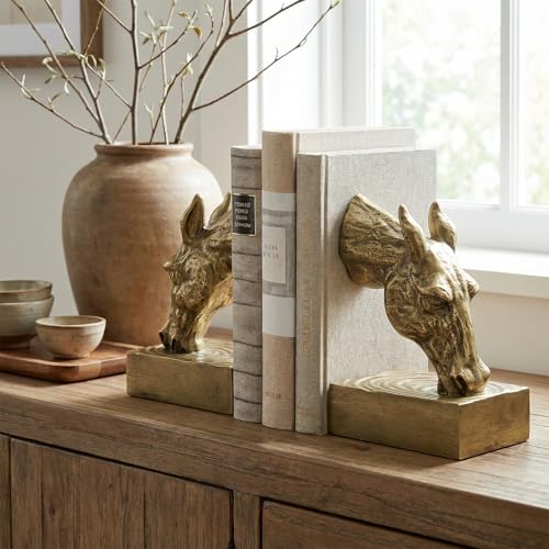 Book Ends for Shelves, Horse Decorative Bookends for Heavy Books, Heavy Duty Book Ends with Anti-Slip Base Book Stopper for Shelves Books Home Office Decor (Gold) - color: Gold