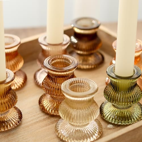 WDHODEC Glass Candlestick Holders 12PCS Taper Candle Holders for Table Centerpiece Vintage Colorful Candle Sticks for Wedding, Party and Birthday Table Decoration(Brown) - color: Brown & Amber