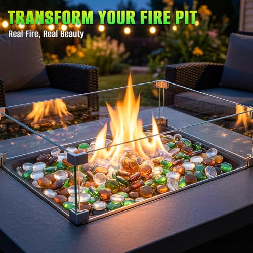 Mr. Fireglass 10 Pound Blended Fire Glass Beads, 1/2" High Luster Mixed Colored Fire Glass Drops for Fireplace Fire Pit & Lanscaping, Emerald Green, Crystal Ice, Caramel - color: Emerald Green, Crystal Ice, Caramel, size: 1/2 inch, 10 Pounds