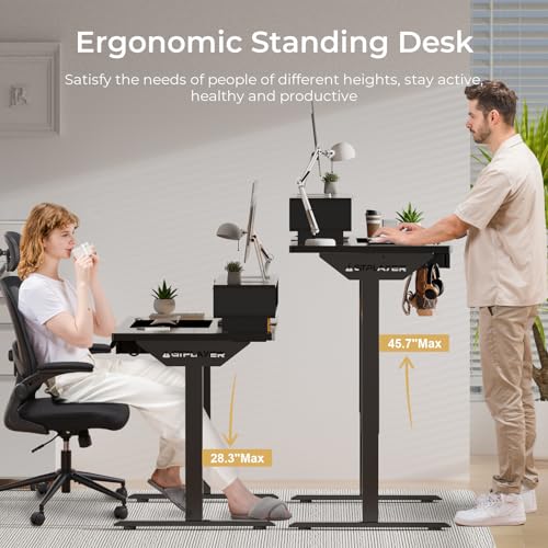 GTPLAYER Electric Standing Desk with Drawers, 48 x 24 Inch Height Adjustable Gaming Desk with Monitor Stand, Power Outlets & LED Lights, Home Office Sit Stand Up Desk with Memory Preset (Black) - color: Black, size: 48*24"