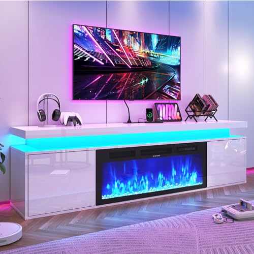 70" Floating Fireplace tv Stand w/ 36" Fireplace Up to 80" TVs,High Gloss LED Fireplaces TV Stand Entertainment Center for 70/75+/80 inch TVs, Modern Media TV Console Cabinet for Living Room - color: White, size: 70" TV Stand with 36" Fireplace