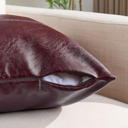 Fancy Homi 2 Packs Burgundy Lumbar Faux Leather Decorative Throw Pillow Covers 12x20 Inch for Outdoor Couch Bed, Modern Farmhouse Boho Home Decor, Wine Red Hand Stitched Cushion Case 30x50 cm - color: Burgundy, size: 20" x 12" (Pack of 2)