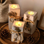 MelonBoat Rustic Flameless LED Candles 3-Pack, Battery Operated Candles with Wooden Candle Holders, White Rustic Farmhouse Decor, Farmhouse Candle Holder for Valentines Holiday Party Home Decor