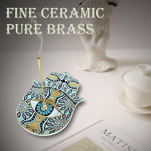 Ceramic Hamsa Hand Incense Holder - 2 in 1 Brass Incense Holder for Sticks and Coil Incense- Zen Decor with Hand of Fatima Design Protection from Evil - 6.2" L X 4.5" W (Green) - color: Green
