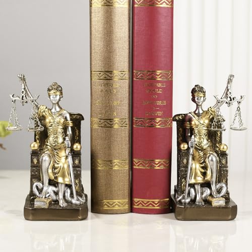 Goddess of Justice Resin Statue Bookend Set of 2 Lady Justice Sculpture - Athena Statue Home Decor, Lawyer Office Desk Organizer, Legal Theme Gift
