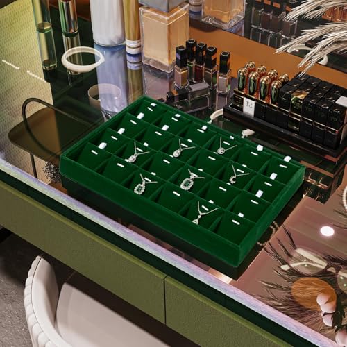 24 Grids Velvet Necklace Tray Necklace Holder Storage Jewelry Display Tray for Drawers With Removable Jewellery Cards for Bracelet Chain Pendant (Green) - size: 24 Grid with Inserts for Necklace