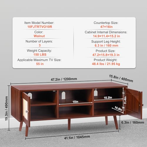 VEVOR Rattan TV Stand, Boho TV Cabinet for 55 inch TV, Mid Century Modern TV Stand, Rattan TV Console with Adjustable Shelfs for Living Room, Media Room, Walnut - color: Walnut, size: for 55" TVs