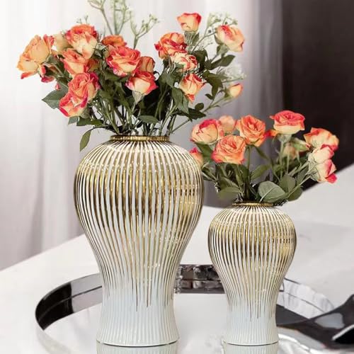 Ginger Jar, White Gold Ceramic Vase Large Handmade Porcelain Vases with Lid, White Gold Decorative Flower Vase for Home, Living Room, Weddings, Centerpieces (B-Medium) - size: B-Gold-Medium