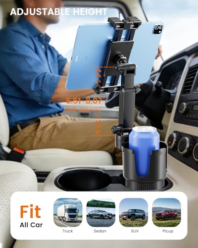 OHLPRO Cup Holder Tablet Mount for Car, Anti-Shake iPad Stand with Drink Holder Fits 5-17" iPad, Tab S10, iPhone, Heavy Duty Truck Vehicle Auto Accessories, Dual Handle Slots Large Mugs - size: for 5-17'' tablet