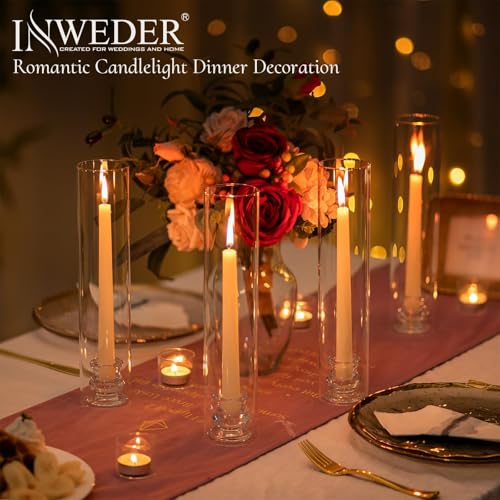 Glass Hurricane Candle Holder: 12" Tall Candlestick Holder with Cylinder Windproof Cover Clear Taper Candle Holders for Wedding Party Birthday Christmas Home Decor Set of 2 - size: 12" H - 2 Pcs