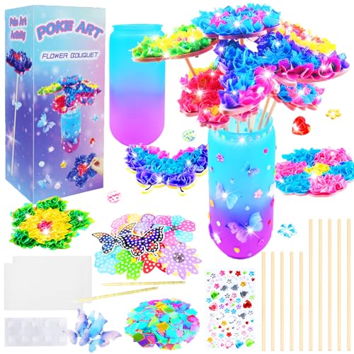 FJBICODA Poke Art Flower Bouquet Craft Kit - Arts and Crafts for Girls Ages 5-12 - Make Your Own Bouquet with 8 Flowers 2 Butterflies & 1 Vase - DIY Activities Gifts for 5 6 7 8 9 10+ Year Old Kids