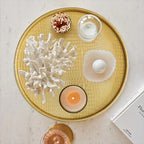 HofferRuffer Round Serving Tray 20'', Elegant Faux Leather Circle Ottoman Table Tray, Serve Tea Coffee Breakfast in Bedroom Living Room Kitchen (Gold, 20") - color: Gold, size: 20"
