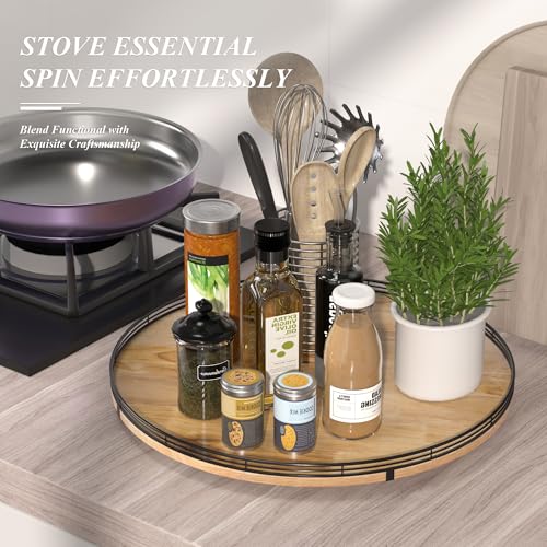 21" Lazy Susan Oak Wood Turntable Organizer for Cabinet, Farmhouse Round Wooden Large Lazy Susan Organization and Storage for Dining Table, Pantry, Kitchen, Countertop, Cupboard, Home Decor - color: Brown & Black, size: 21 inches