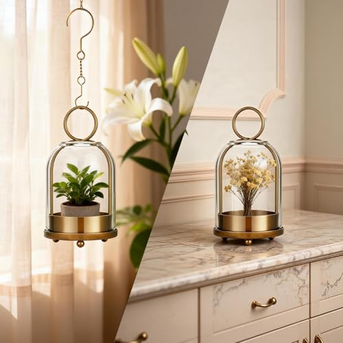 5"&4" Hurricane Glass Candle Holders, Hanging Brass Metal Candle Holder for Pillar Candles Table Coffee Table Decor Interior Decoration - color: Gold