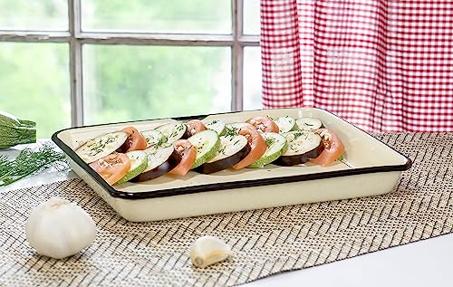 Red Co. 11 x 9 Enamelware Metal Classic 2 Quart Rectangular Serving Tray, Distressed Cream/Black Rim - color: Distressed Cream/Black Rim