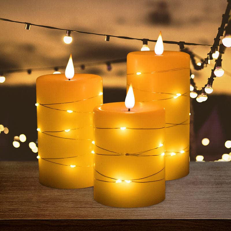 Rechargeable Flameless Candle, Flickering LED Pillar Real Wax Candle with Fairy Lights, Remote Control and Timer, Upgraded Teardrop Wick, Built-in Battery Electronic Candle, Set of 3 - color: Copper-Wire Drop