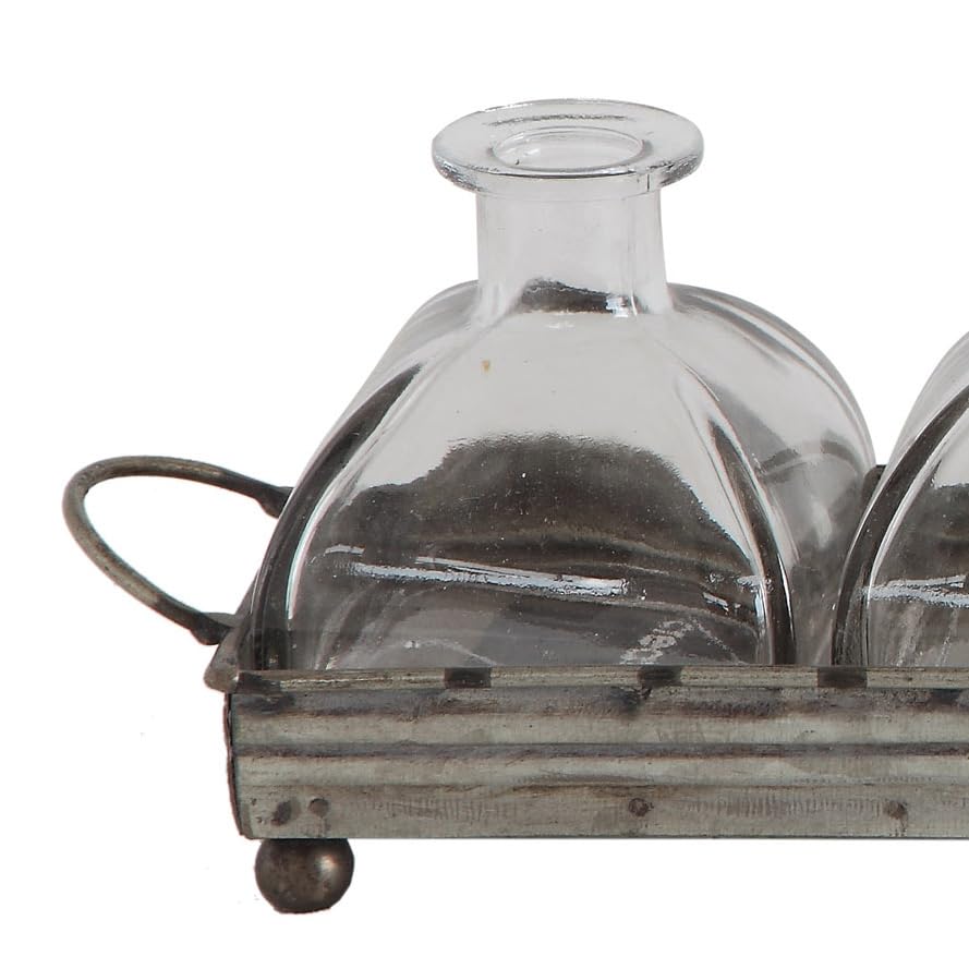Creative Co-Op Decorative Iron Rectangle Tray with Handles & 5 Glass Vases