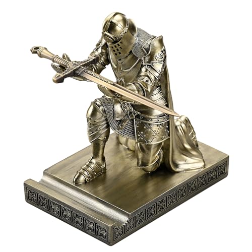 King's Guard Leader Cloak Warrior Knight Pen Holder Mobile Phone Stand, Ornament Knight Statue, Pen Stand Paperweight for Office and Home (Bronze) - color: Bronze