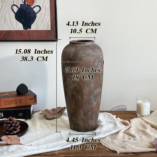 15 Inch Vintage Farmhouse Decor Ceramic Rustic Vase, Handmade Brown Flower Vases for Centerpieces, Living Room & Kitchen Shelf Decorative Pottery Vase for Home Decor - color: Brown, size: Large