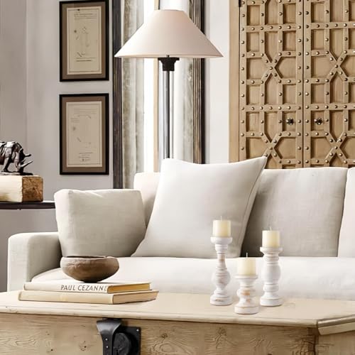 CedarLux Rustic Pillar Candle Holder, 11 Inch White Wooden Candlestick Holders, Farmhouse Candle Stands for Pillar Candle, Decorative Wood Candlestick Holders for Living Room, Table Centerpiece - size: 11"H