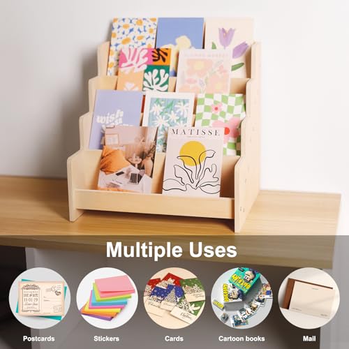 Exood Greeting Card Organizer Display Stand , 4-Tier Wooden Rack Holder for postcard Brochure Photos Sticker Retail