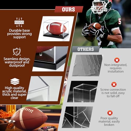 Football Display Case, Acrylic Football Case Display Clear, UV Protected Memorabilia Holder, Football Stand for Autographed, No Assembly Required