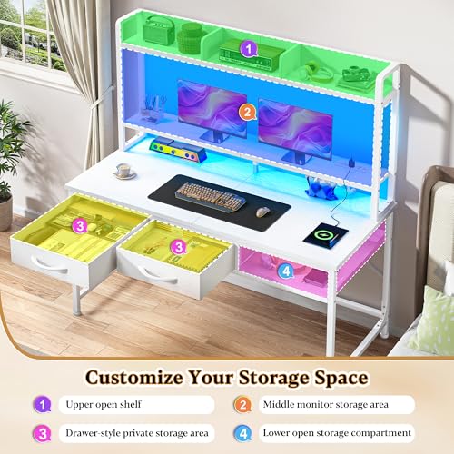 DurayLoly 39.4" Computer Desk with Storage Rack & Monitor Stand, Gaming Desk with LED&Power Outlet, Computer Desk with Hutch &2Drawers,Modern Study Writing Desk for Bedroom Home Office,White - color: White, size: 18.9"D x 39.4"W x 61.1"H