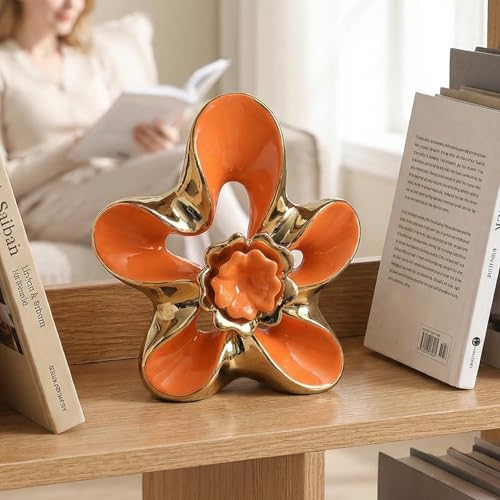 Ceramic Statue Home Decor Aesthetic Abstract Flower Sculpture Modern Decorative Statues for Living Room Bedroom Bookshelf Desktop Dinging Table Centerpiece Office (Orange and Gold) - color: Orange and Gold