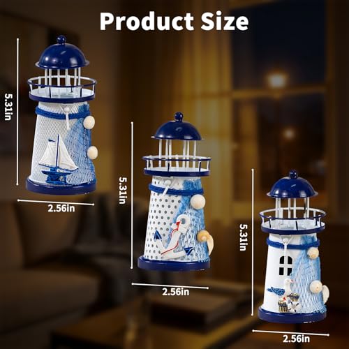 Set of 3 Mediterranean Style Tin Lighthouse Candle Holders - Blue & White Nautical Lighthouse Decor with Seagull, Sailboat & Anchor Designs, Coastal Tabletop Ornaments for Home Decor - color: Blue