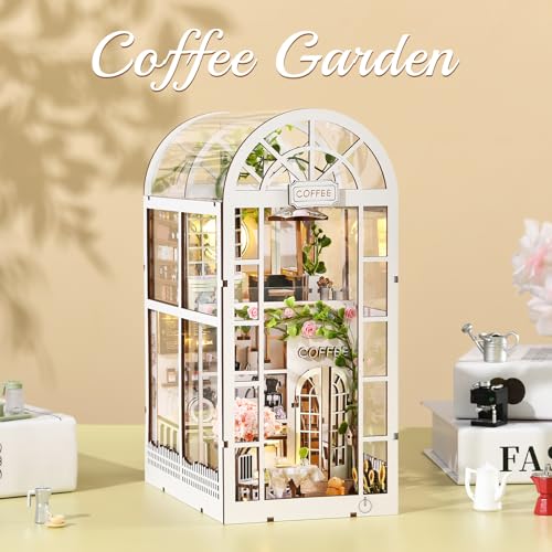 TOYQI Book Nook Kit, DIY Miniature Dollhouse Kit for Adults and Teens, Booknook Tiny House Kit Bookshelf Decoration 3D Wooden Puzzle Bookend - style: Coffee Garden