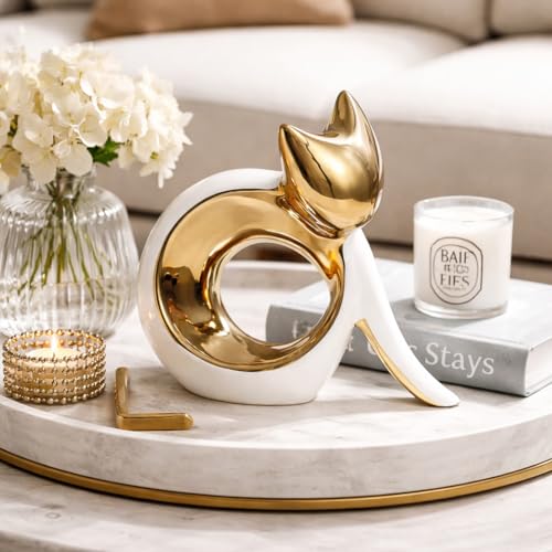 White & Gold Electroplated Ceramic Cat Figurine Sculpture, Modern Minimalist Cat Statue for Office Desk, Shelf Mantel, Cat Statues Home Decor, Small Cat Figurines Decor - size: 5.9in