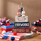 CroBlissful 4 Pcs 4th of July Decorations Patriotic Memorial Day Tabletop Decorations Red White Blue Table Centerpieces Sign for Office Tiered Tray Home Shelf 250th Anniversary(Patriotic) - style: Patriotic