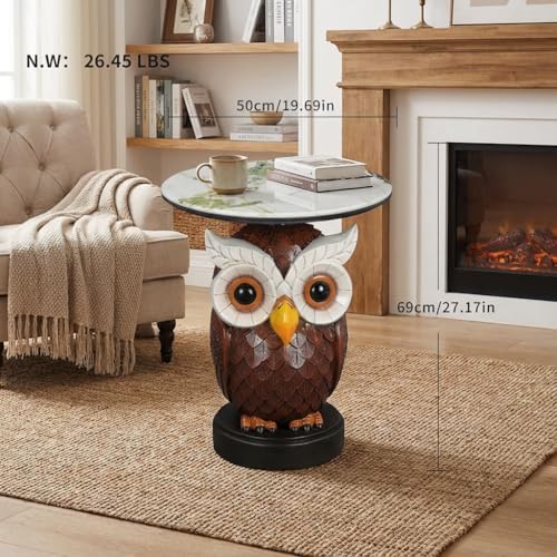 Artistic 3D Owl Sculpture End Table with Faux Marble Top,from Odorless Resin, Multi-Functional Accent Table for Living Room, Entryway, Stable Scratch-Resistant Design, No-Tool Assembly - color: Red Owl