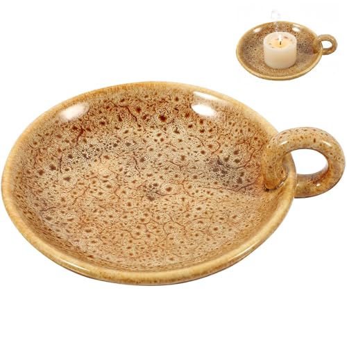 Veemoon Vintage Ceramic Candlestick Holder Farmhouse Candle Tray with Handle Round Pottery Sage Burning Plate Table Aromatherapy Holder for Spa Meditation Home Decor (5.7 * 1.7Inch, Khaki)