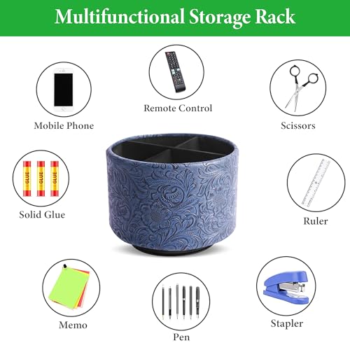 lizimandu Round Leather Art Supply Organizer,Remote Control Holder,360 Degree Spinning,Multi-Functional Pencil Holder,4 Compartments Desktop Stationary Organizer(1-Carved Dark Blue) - color: 1-Carved Dark Blue