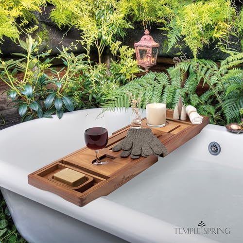 Temple Spring Acacia Wood Bathtub Tray Caddy for Tub — Expandable Bath Tray with Solid Book Stand Wine Holder and Non-Slip Pads — Includes Soap Dish and Spa Accessories — Luxury Hardwood Bath Gift Set - color: Acacia Wood