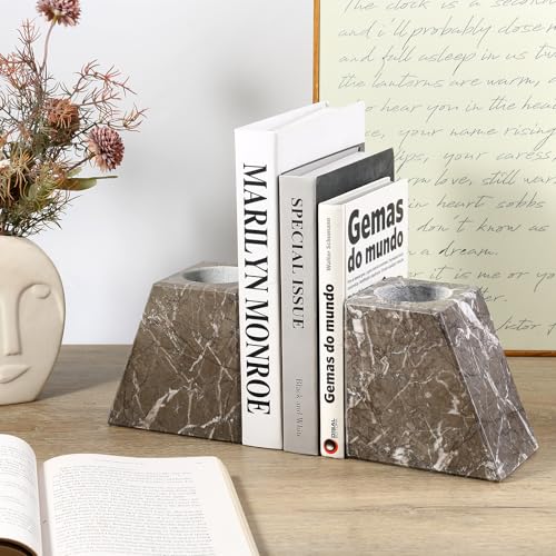 Marble Bookends Decorative, Natural Stone Book Stopper for Shelves, Unique Vase Book Ends for Home, Kitchen and Office Decoration (Gris Lido) - color: Gris Lido